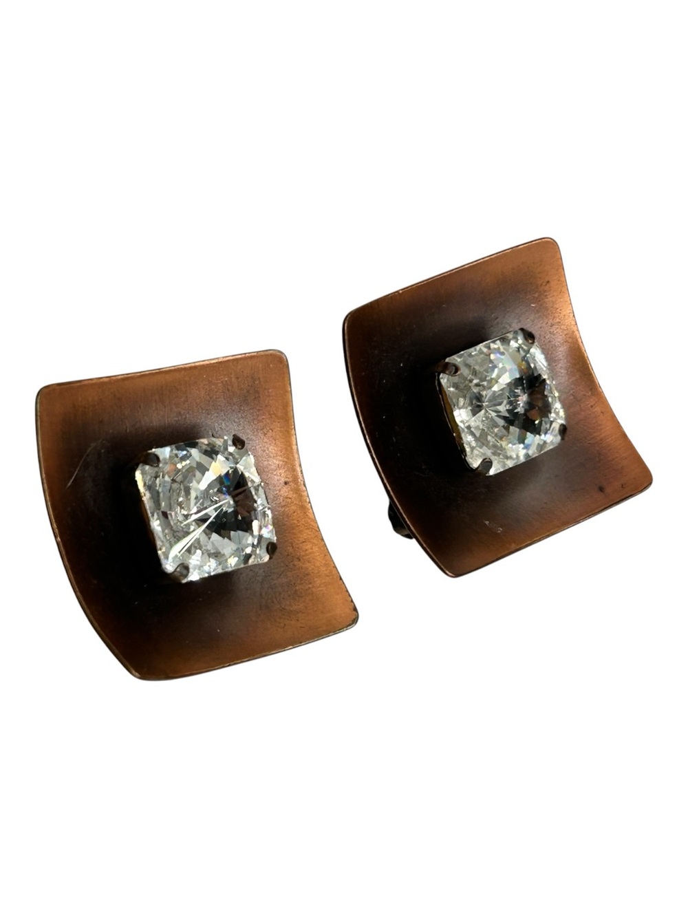 Vintage Modernist Copper and Square Rivoli Rhinestone Clip Earrings